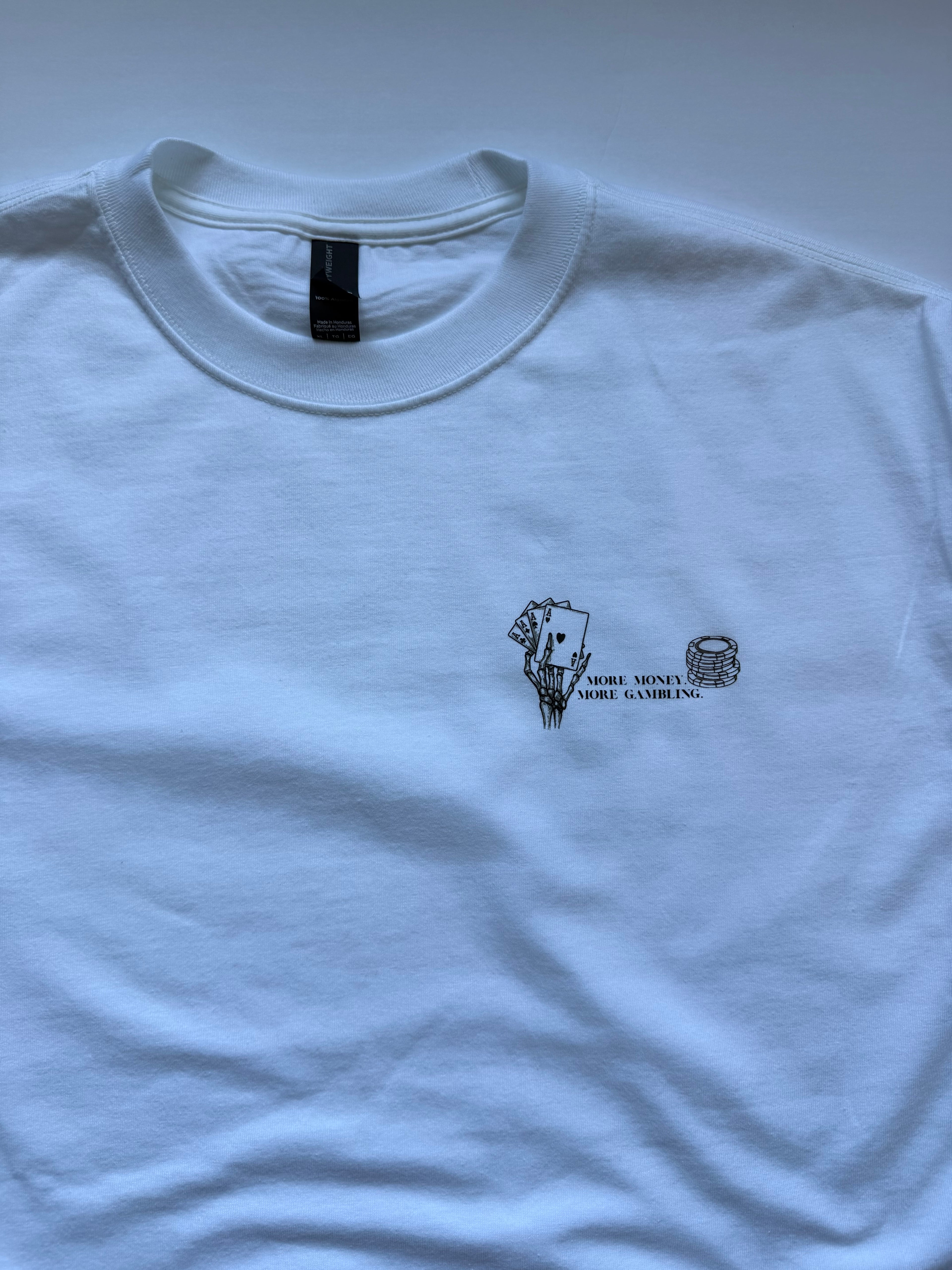More Money More Gambling .Skeleton Hand front and back.